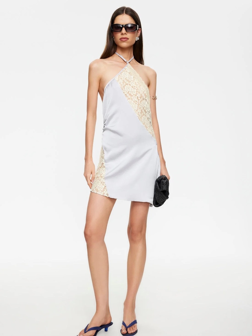 LIONESS Amore Mini Dress in Ash Gray Cream Lace Halter Backless Size S